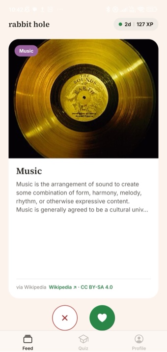 Rabbit Hole feed: a fact card about music, with like/skip buttons