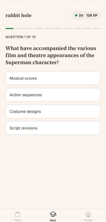 Rabbit Hole quiz screen with a multiple-choice question